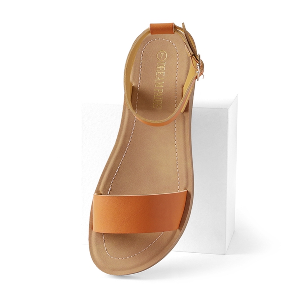 Ankle Strap Flat Buckle Sandals - TAN PU - 2